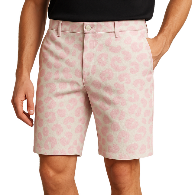 Men's Shorts | Casual Pink Denim | Leopard Print | High Quality Cotton Blend | Spring Summer Fashion | Retro Western Cowboy Style | Breathable Comfortable Fit | Urban Trendy Streetwear | Functional Pockets