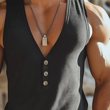 Men's Loose Fit Tank Top | Solid Color | Buttoned Front | Cotton Blend | Casual Pullover | Breathable & Comfortable | Contemporary Design | Ideal for Layering | Versatile Clothing Piece