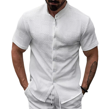 Men's White Jacquard Short Sleeve Shirt | Casual Cotton Blend | Button-Down | Stand Collar | Breathable Comfort | Versatile Fashion | Subtle Textured Design | Ideal for Everyday Wear