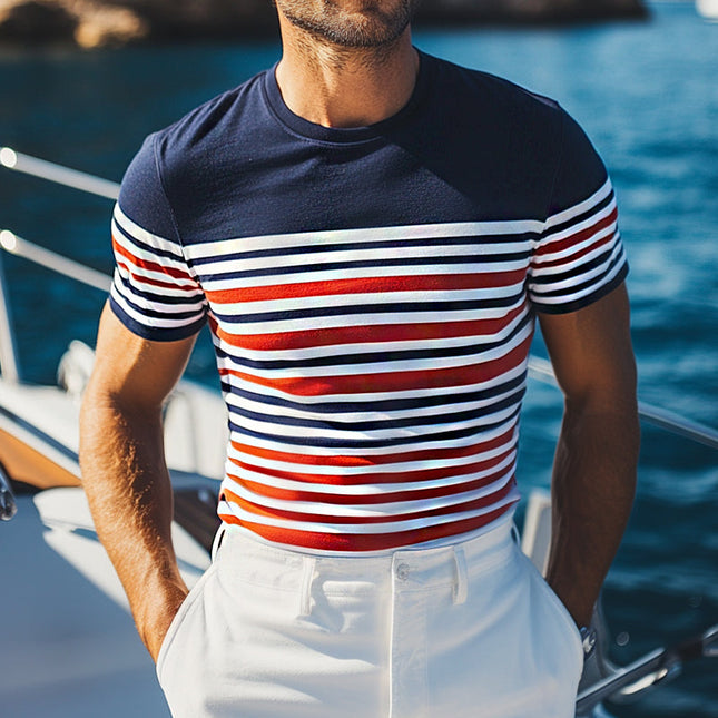 Men's Retro Striped T-Shirt | Casual Slim Fit | Short Sleeve Round Neck | Elastic Cotton Blend | Breathable & Moisture-Wicking | S-3XL | Ideal for Spring & Summer | Versatile Everyday Wear