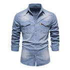 Men's Vintage Denim Shirt | Classic Button-Down Style | Premium Denim Fabric | Distressed Wash | Chest Pockets | Cuffed Sleeves | Comfortable Slim Fit | Versatile Casual and Smart-Casual Wear | Colors: Navy, Black