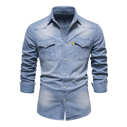 Men's Vintage Denim Shirt | Classic Button-Down Style | Premium Denim Fabric | Distressed Wash | Chest Pockets | Cuffed Sleeves | Comfortable Slim Fit | Versatile Casual and Smart-Casual Wear | Colors: Navy, Black