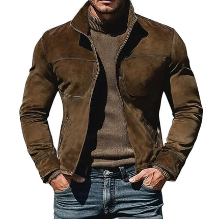 Men's Suede Jacket | Stand Collar | Premium Refined Outerwear | Modern Aesthetic | Sleek Streamlined Design | Soft Supple Texture | Breathable & Durable | Zip Pockets | Slim Fit | Versatile Casual to Semi-Formal