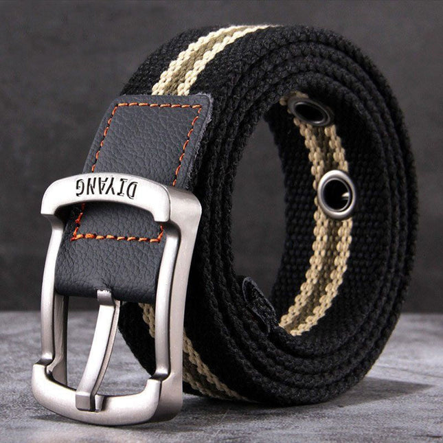 Men's Belt | Casual Canvas Leather | Pin Buckle | Classic Dual-tone Design | Versatile Everyday Wear | Adjustable Strap | Multiple Sizes | Black Brown Khaki Options