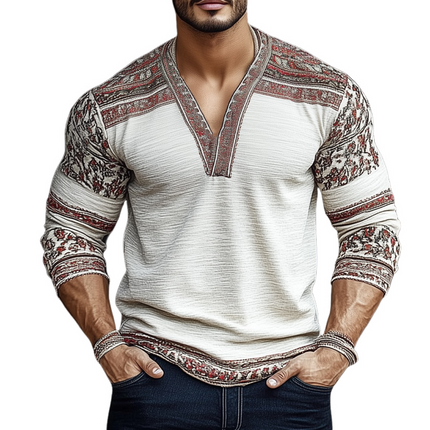 Men's Retro Colorblock T-Shirt | V-Neck | Long Sleeve | Wrinkled Textured Fabric | Stylish Vintage Look | Artistic Colorblock Print | Relaxed Fit | Casual Wear | Comfortable Pullover Design | Versatile Bold Patterns