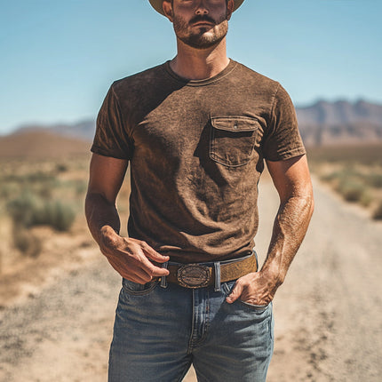 Men's Vintage Western Round Neck T-Shirt | Short Sleeve | Classic Retro Design | Comfortable Fit | Casual Wear | Breathable Material | Stylish Patterns