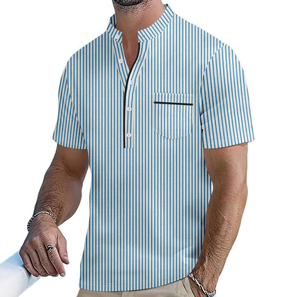 Men's Contrast Striped Shirt | Stand Collar | Short Sleeve | Versatile Style | Casual to Formal Wear