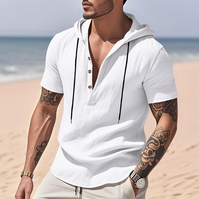Men's Hooded T-Shirt | Henley Collar | Solid Color | Breathable Cotton | Slim Fit | Short Sleeve | Casual Wear | Versatile Everyday Style