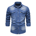 Men's Vintage Denim Shirt | Classic Button-Down Style | Premium Denim Fabric | Distressed Wash | Chest Pockets | Cuffed Sleeves | Comfortable Slim Fit | Versatile Casual and Smart-Casual Wear | Colors: Navy, Black