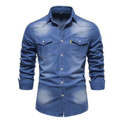 Men's Vintage Denim Shirt | Classic Button-Down Style | Premium Denim Fabric | Distressed Wash | Chest Pockets | Cuffed Sleeves | Comfortable Slim Fit | Versatile Casual and Smart-Casual Wear | Colors: Navy, Black