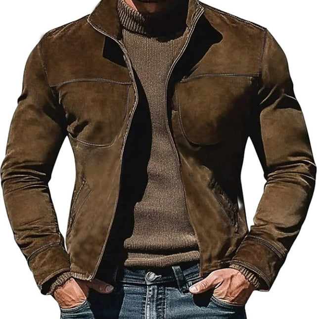 Men's Suede Jacket | Stand Collar | Premium Refined Outerwear | Modern Aesthetic | Sleek Streamlined Design | Soft Supple Texture | Breathable & Durable | Zip Pockets | Slim Fit | Versatile Casual to Semi-Formal