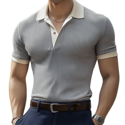 Men's Polo Shirt | Classic Business Style | Vertical Stripes | Knitted Fabric | Tailored Fit | Short Sleeve | Traditional Collar | Breathable Material | Machine Washable | Sizes S-3XL
