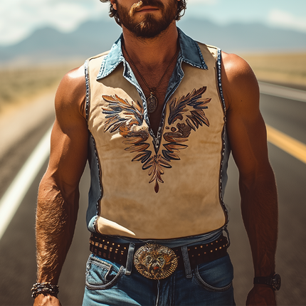 Men's Retro Western Cowboy Tank Top | Denim Stitching | Suede Embroidered | Sleeveless | Summer Fashion | Lightweight | High-Quality | Casual Outdoor Wear | Breathable Fabric | Versatile Styling Options