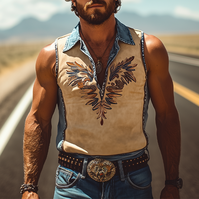 Men's Retro Western Cowboy Tank Top | Denim Stitching | Suede Embroidered | Sleeveless | Summer Fashion | Lightweight | High-Quality | Casual Outdoor Wear | Breathable Fabric | Versatile Styling Options