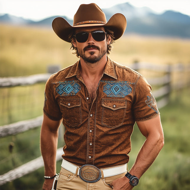Denim Shirt for Men | Western Cowboy Style | Short Sleeve | Embroidered Yoke | Snap Button Closure | Breathable Durable Fabric | Casual Wear | Classic Point Collar | Versatile Blue Shirt | Comfortable Fit