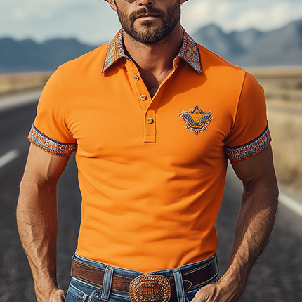 Men's Polo Shirt | Slim Fit Short Sleeve | Retro Western Cowboy Style | Embroidered Design | Cotton Blend Fabric | Casual Classic | Button Placket | Breathable and Comfortable | Stylish Top