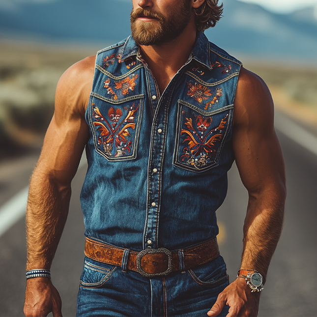 Men's Denim Sleeveless Shirt | Summer Fashion | Retro Western Style | Cowboy Embroidery | High-Quality Fabric | Breathable Comfort | Stylish Motifs | Versatile Casual Wear