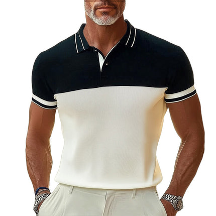 Men's Summer Polo Shirt | Black and White Patchwork | Business Casual Knitted Top | Tailored Fit | Short Sleeve | Breathable Fabric | Classic Polo Collar | Sizes Small to 3XL | Easy Care Machine Washable