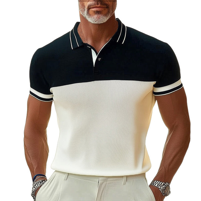 Men's Summer Polo Shirt | Black and White Patchwork | Business Casual Knitted Top | Tailored Fit | Short Sleeve | Breathable Fabric | Classic Polo Collar | Sizes Small to 3XL | Easy Care Machine Washable