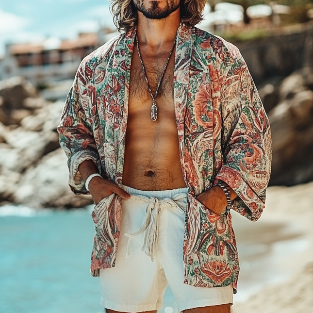 Men's Bohemian Cardigan | Long Sleeve Loose Fit | Flowing Casual Outerwear | Lightweight Cotton Blend | Artistic Vintage Design | Relaxed Open Front | Perfect for Layering | Versatile Streetwear Fashion