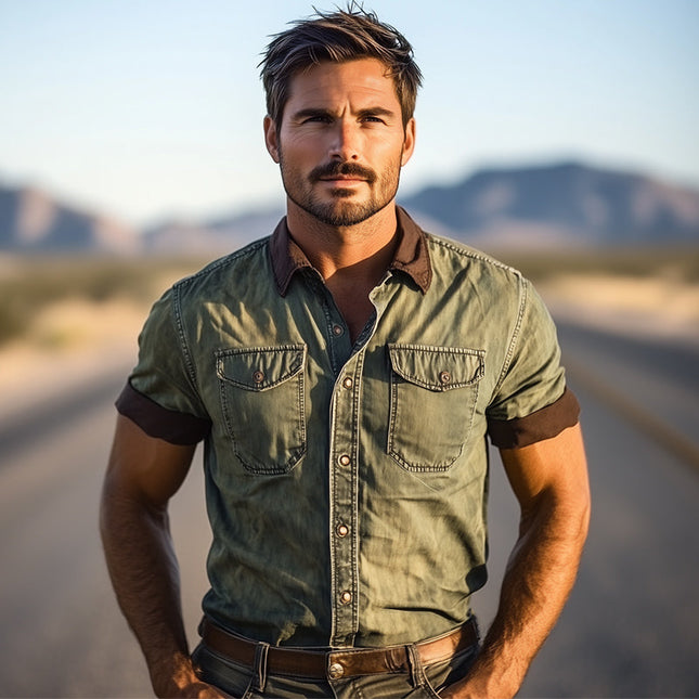 Men's Western Cowboy Vintage Color Block Denim Short Sleeve Shirt | Retro Denim Shirt | Bold Color Pattern | Durable High-Quality Fabric | Classic Collar | Casual Fashion | Sizes S to 3XL | Stylish Men's Apparel