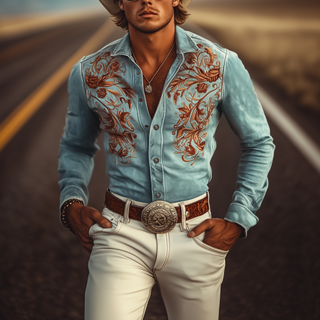 Men's American Retro Western Shirt | Suede Fabric | Embroidered Design | Long Sleeve | Classic Snap Buttons | Pointed Yoke | Versatile Styling | Casual & Semi-Formal Wear | Easy Care