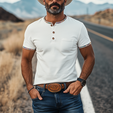 Men's Western Cowboy Style T-Shirt | Henley Collar | Short Sleeve | Retro Suede Stitching | Colorful Ribbon Details | Casual Comfort | Vintage Inspired | Breathable Material | Relaxed Fit