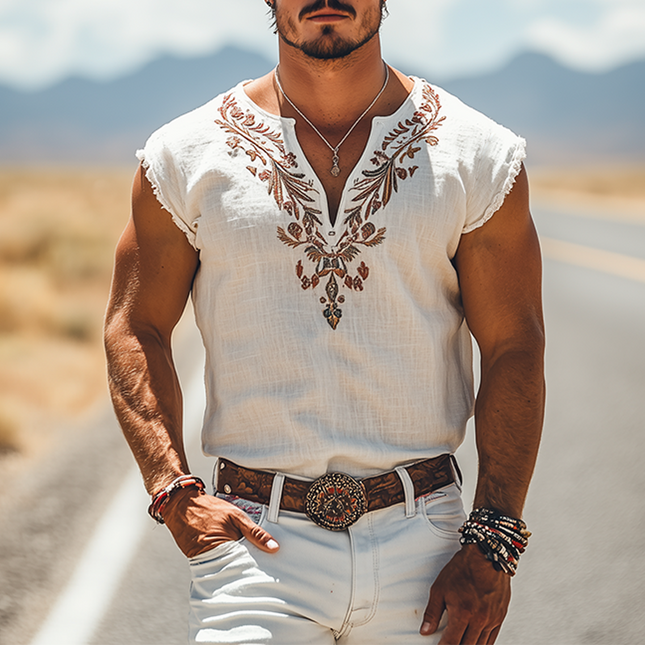 Men's Summer Retro Western Style V-Neck T-Shirt | Cotton Linen Blend | Embroidered Details | Casual Fashion | Breathable | Lightweight | Classic Design | Comfortable Fit | Versatile Summer Essential