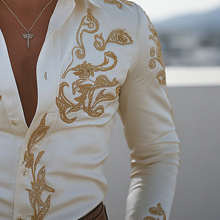 Men's Cowboy Style Shirt | Summer Chiffon Long Sleeve | Embroidered Design | Lightweight & Breathable | Casual & Semi-Formal | Rustic Elegance | Versatile Wardrobe Staple