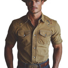 Men's Cowboy Embroidered Denim Shirt | Western Style Short Sleeve | Classic Spread Collar | Exquisite Motifs | Casual Button Down | Rugged American Charm | Versatile Everyday Wear | Size S-3XL