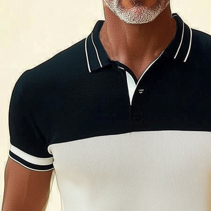 Men's Summer Polo Shirt | Black and White Patchwork | Business Casual Knitted Top | Tailored Fit | Short Sleeve | Breathable Fabric | Classic Polo Collar | Sizes Small to 3XL | Easy Care Machine Washable