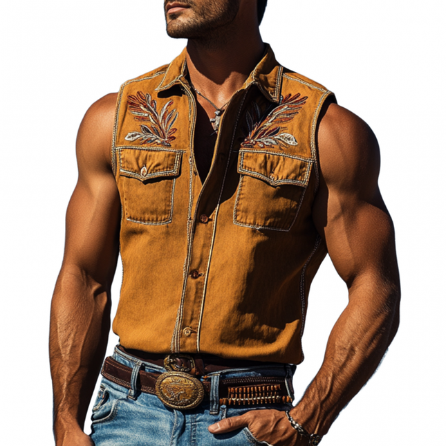 Men's Vintage Western Sleeveless Shirt | Cotton Washed | Floral Embroidery | Lapel & Chest Pocket | Slim Fit | Rugged Elegance | Summer Essential | Western Aesthetic | Versatile Casual & Smart-Casual Wear
