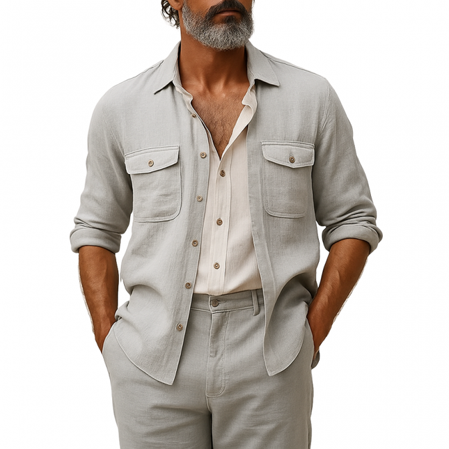 Men's Linen Shirt | Breathable Casual Long Sleeve | Lapel Collar | Chest Pocket Design | Loose Fit | Lightweight Fabric | Versatile Style for Warm Days | Easy Care | Multiple Colors & Sizes Available