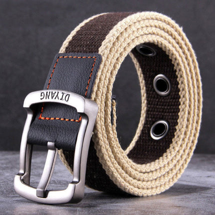 Men's Belt | Casual Canvas Leather | Pin Buckle | Classic Dual-tone Design | Versatile Everyday Wear | Adjustable Strap | Multiple Sizes | Black Brown Khaki Options