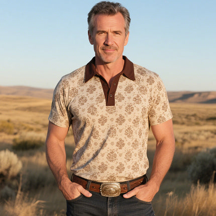 Men's Polo Shirt | Retro Western Cowboy Style | Classic Ranch Print | Short Sleeve | Breathable Cotton Blend | Vintage Americana Design | Casual & Outdoor Wear | Perfect for Western Themed Events | Sizes S-3XL