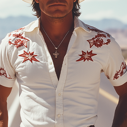 Men's Retro Western Cowboy Shirt | Cotton Blend | Embroidered Details | Slim Fit | Short Sleeve | Spring Summer Fashion | Classic Style | Comfortable Breathable Fabric | Vintage Modern Fusion