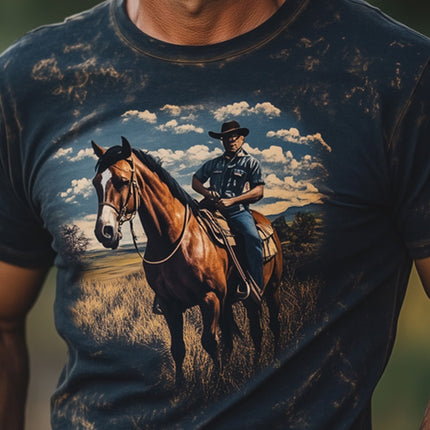 Men's Western Cowboy Style T-Shirt | Printed Crew Neck | Short Sleeve | Cotton Spandex Blend | Comfortable Fit | Wild West Aesthetic | Versatile Casual Wear | Size S to 3XL