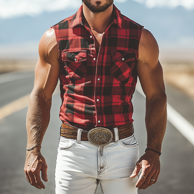 Men's Sleeveless Shirt | Summer Casual Retro | Western Denim Plaid | Cotton Blend | Cool Breathable Fabric | Timeless Style | Ideal for Layering | MTA2864D4K
