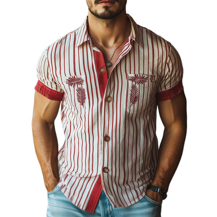 Men's Summer Shirt | Red Striped | Leaves Embroidered | Short Sleeve | Lightweight Cotton Blend | Spread Collar | Casual Wear | Sizes S-3XL | Perfect for Beach & Parties