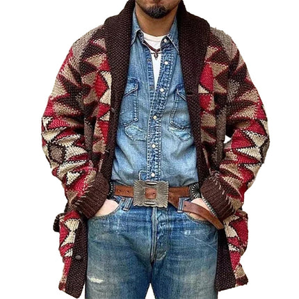 Men's Cardigan | Geometric Knitted Jacquard | Lace-up Closure | Versatile Jacket | Regular Fit | Stylish Outerwear | Dual Side Pockets | Comfort and Warmth | Fashionable | High-Quality Material