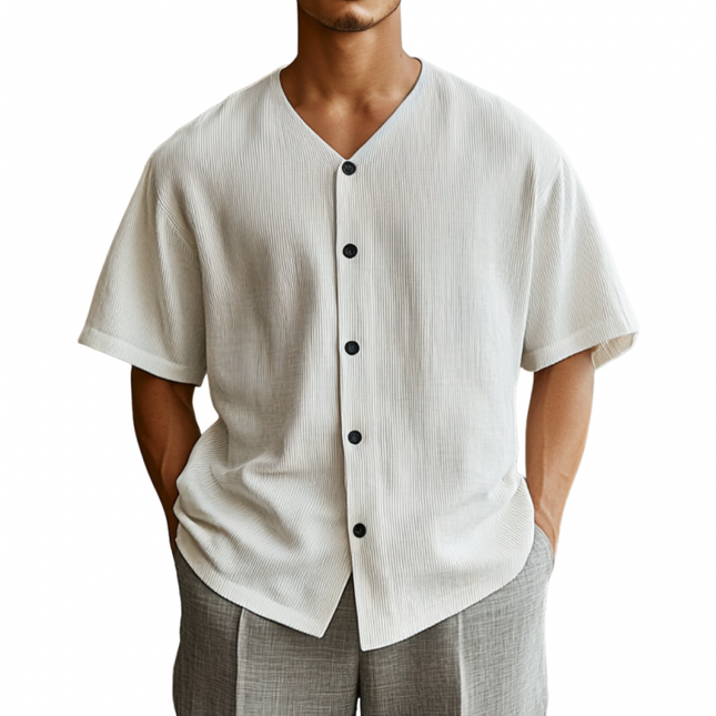Men's Casual Stripe V-Neck Shirt | Cotton Blend | Short-Sleeve | Single-Breasted | Loose Fit | Breathable | Bold Stripe Patterns | Relaxed Sophisticated Design | Ideal for Casual Wear | Perfect for Summer