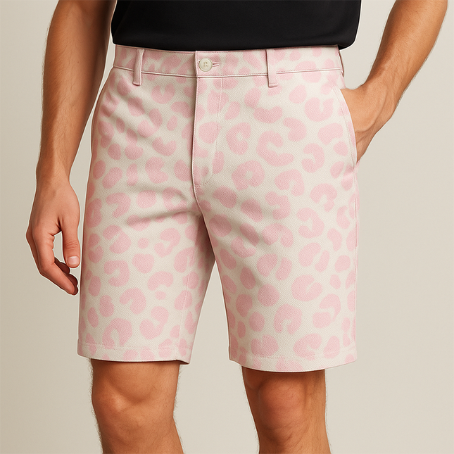 Men's Shorts | Casual Pink Denim | Leopard Print | High Quality Cotton Blend | Spring Summer Fashion | Retro Western Cowboy Style | Breathable Comfortable Fit | Urban Trendy Streetwear | Functional Pockets