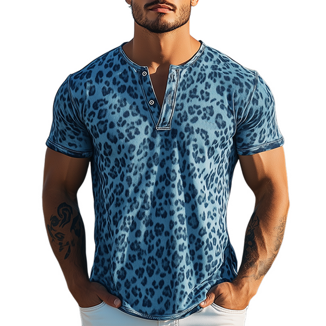 Men's Leopard Print Henley T-Shirt | Cotton Blend Short Sleeve | Western Style Casual Top | Spring & Summer Wear | Fashionable Retro Design | Breathable Slim Fit | Versatile Styling with Jeans or Jackets