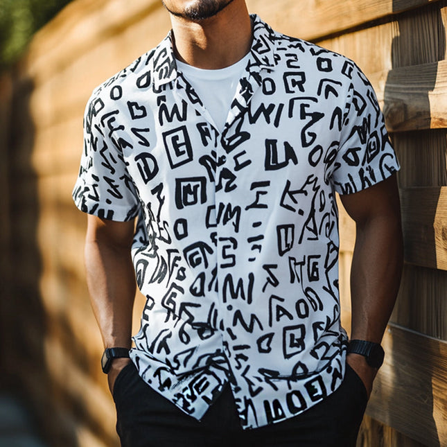 Men's Retro Short Sleeve Lapel Shirt | Vintage Letter Print | Casual Wear | Breathable Cotton Blend | Summer Fashion | Classic Retro Style
