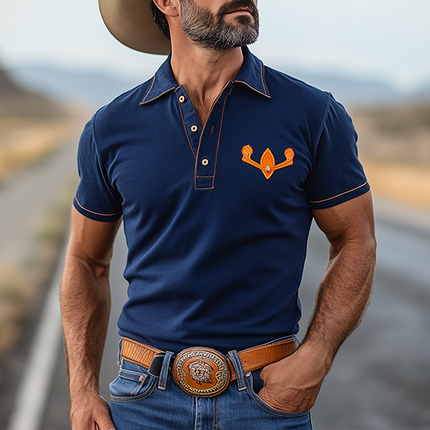 Men's Short Sleeve Polo Shirt | Retro Western Style | Cotton Blend | Contrast Color Embroidery | Slim Fit | Classic Polo Collar with Button Placket | Versatile Casual Wear