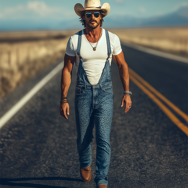 Men's Retro Western Style Overalls | Washed Denim Leopard Print | Spring Summer Fashion | Adjustable Straps | Rugged Cowboy Charm | Bold Streetwear Flair | High-Quality Material | Stylish and Comfortable
