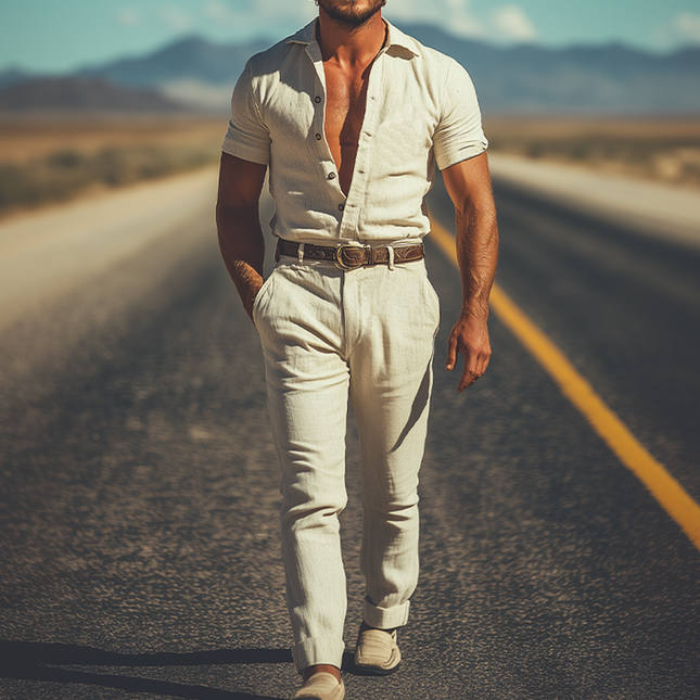 Men's Retro Western Cotton Linen Jumpsuit | Summer Fashion | No Belt | Lightweight Breathable Fabric | Casual One-Piece Outfit | Comfortable Fit | Pockets Included | Stylish Summer Wardrobe Essential