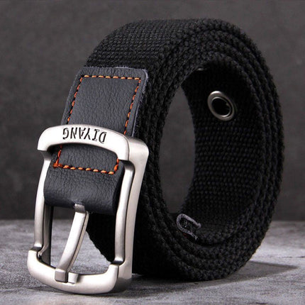 Men's Belt | Casual Canvas Leather | Pin Buckle | Classic Dual-tone Design | Versatile Everyday Wear | Adjustable Strap | Multiple Sizes | Black Brown Khaki Options