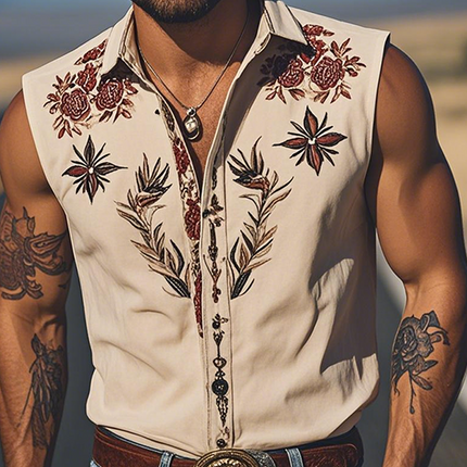 Men's Sleeveless Shirt | Retro Western Style | Embroidery Cotton Blend | Summer Fashion Top | Soft Breathable Fabric | Casual Vintage Look | Comfortable Fit | Versatile Styling | Classic Design