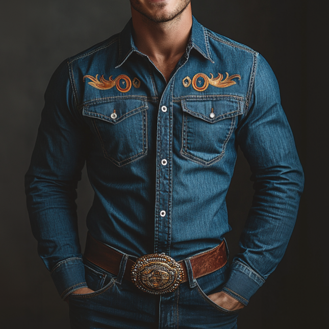 Men's Vintage Western Denim Shirt | Washed Denim | Embroidered Chest Pocket | Classic Lapel Collar | Long Sleeve | Rugged Cowboy Style | Slim Fit | Durable Construction | Men's Fashion Collection